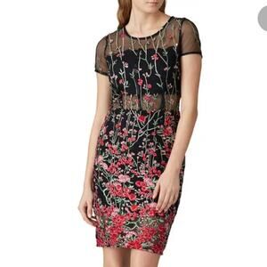 VONE Anthropologie Black Red Floral Embroidered Sheath Mini Dress 0